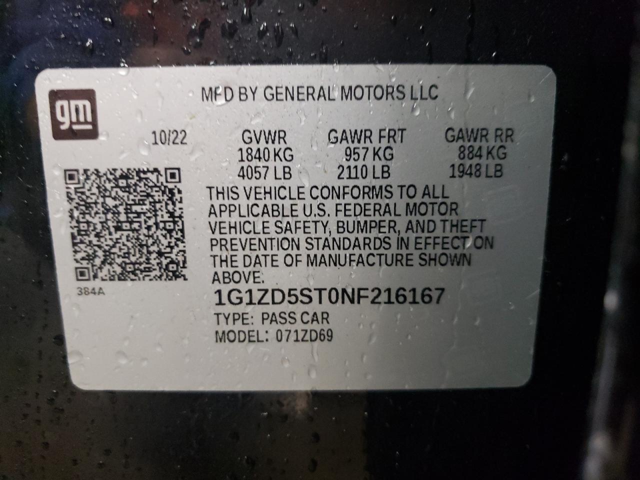 2022 CHEVROLET MALIBU LT VIN:1G1ZD5ST0NF216167