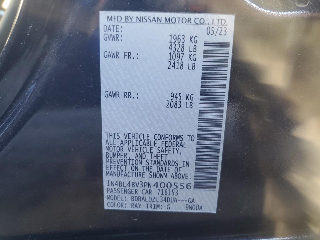 2023 NISSAN ALTIMA S VIN:1N4BL4BV3PN400556