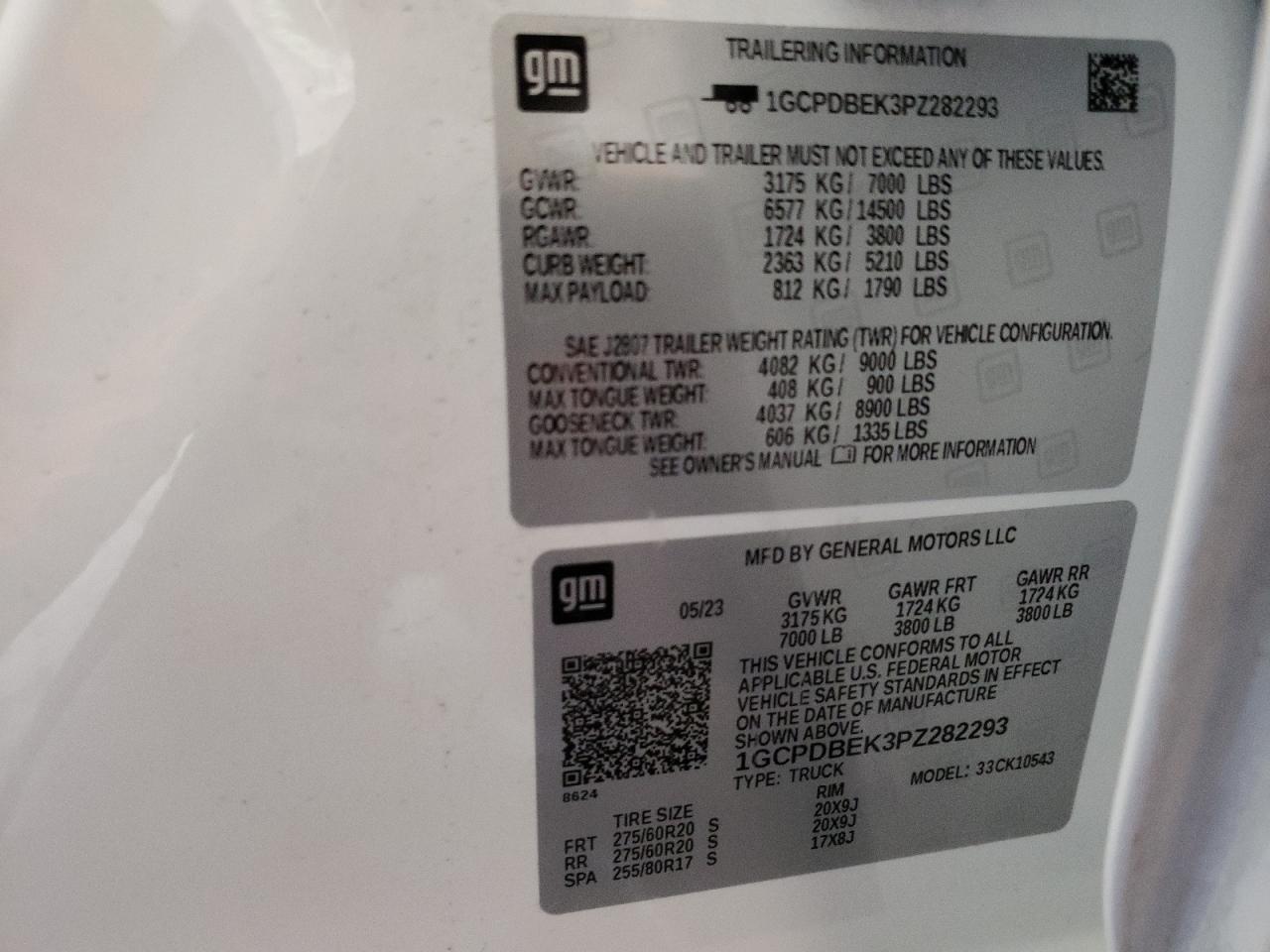 2023 CHEVROLET SILVERADO K1500 CUSTOM VIN:1GCPDBEK3PZ282293