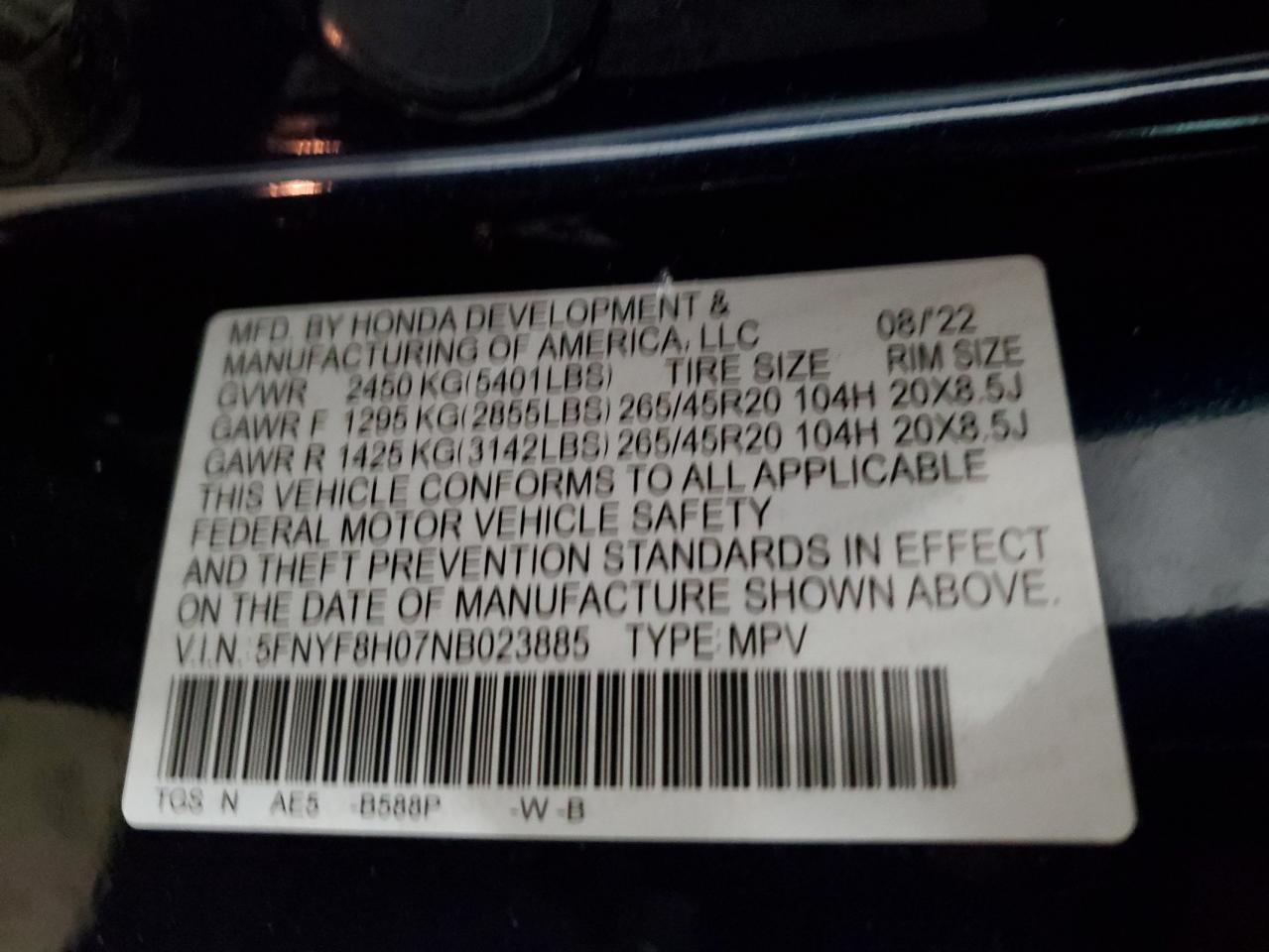 2022 HONDA PASSPORT ELITE VIN:5FNYF8H07NB023885
