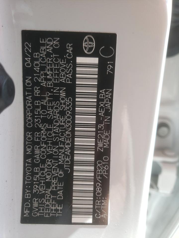 2022 TOYOTA COROLLA LE VIN:JTDEAMDE0N3009335