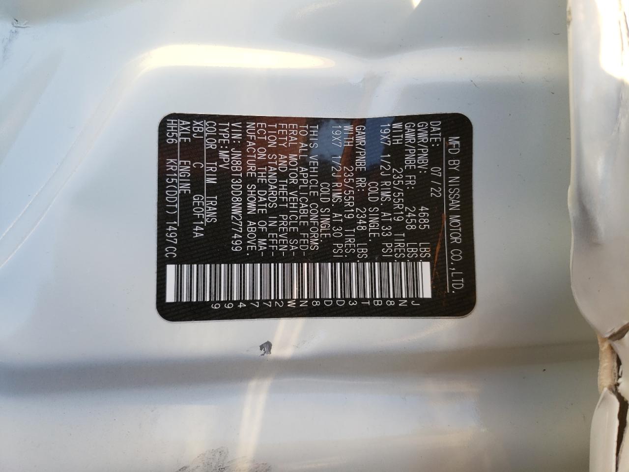 2022 NISSAN ROGUE PLATINUM VIN:JN8BT3DD8NW277499