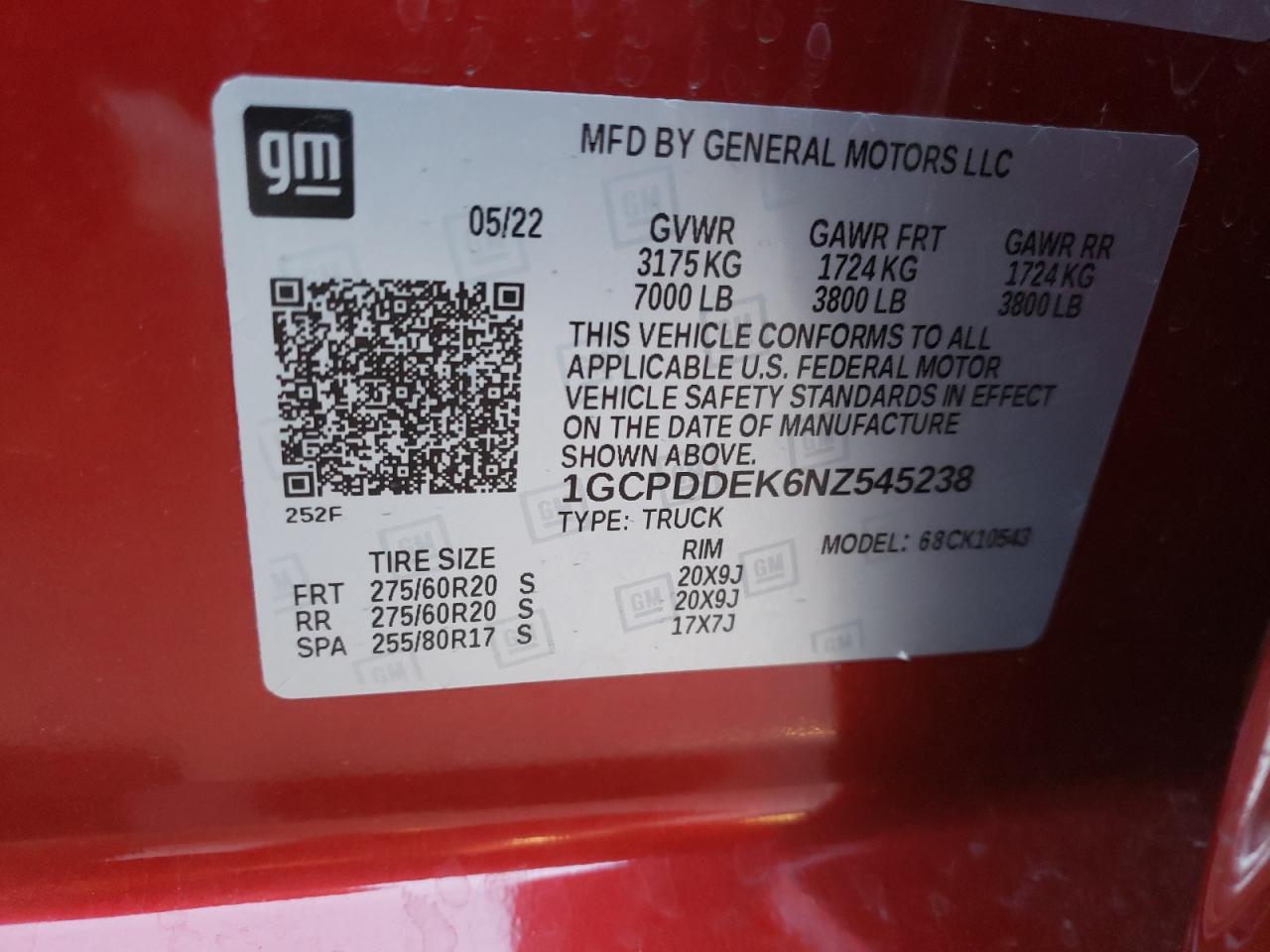 2022 CHEVROLET SILVERADO K1500 LT VIN:1GCPDDEK6NZ545238