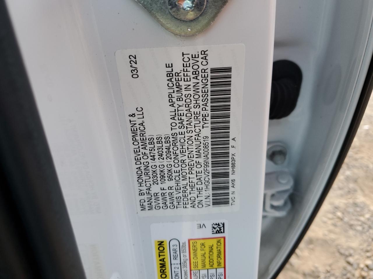 2022 HONDA ACCORD TOURING VIN:1HGCV2F99NA008519
