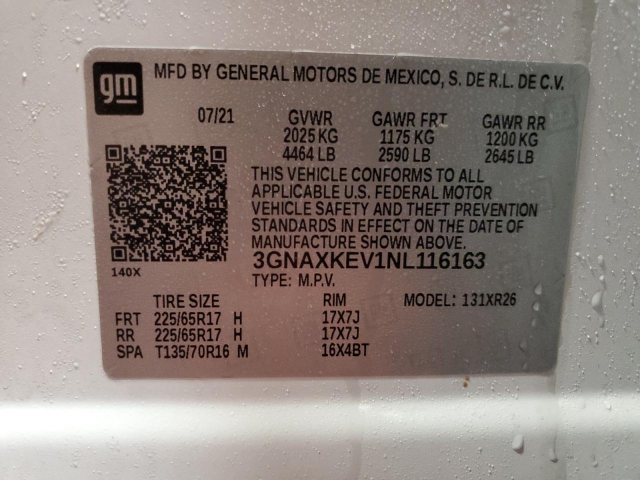 2022 CHEVROLET EQUINOX LT VIN:3GNAXKEV1NL116163