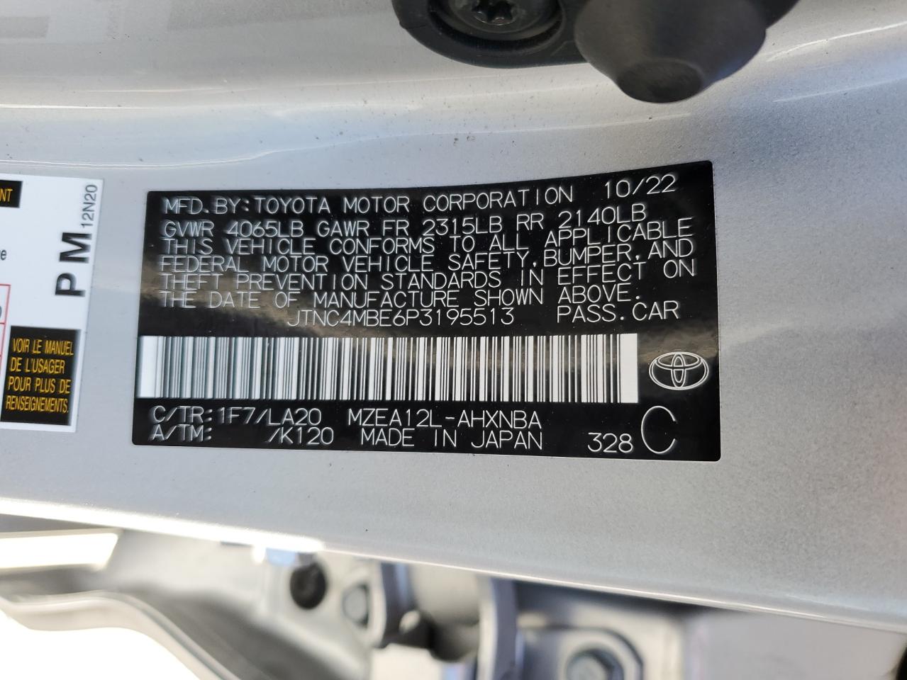 2023 TOYOTA COROLLA XSE VIN:JTNC4MBE6P3195513