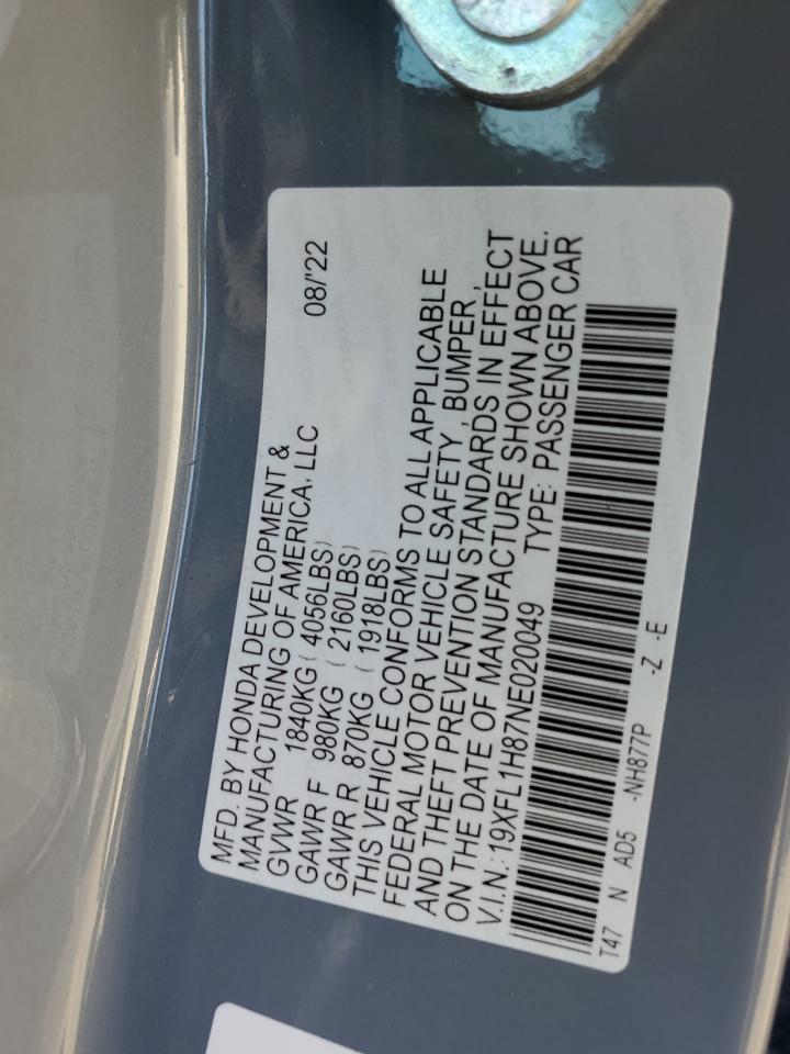 2022 HONDA CIVIC SPORT TOURING VIN:19XFL1H87NE020049