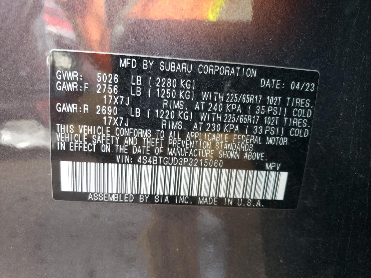 2023 SUBARU OUTBACK WILDERNESS VIN:4S4BTGUD3P3215060