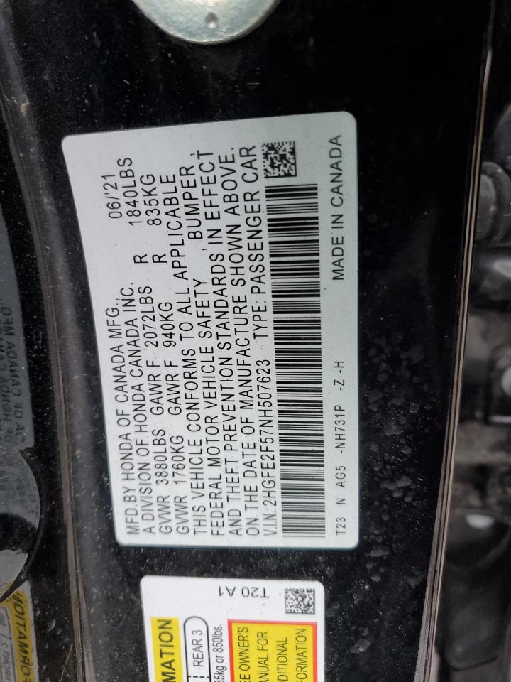 2022 HONDA CIVIC SPORT VIN:2HGFE2F57NH507623