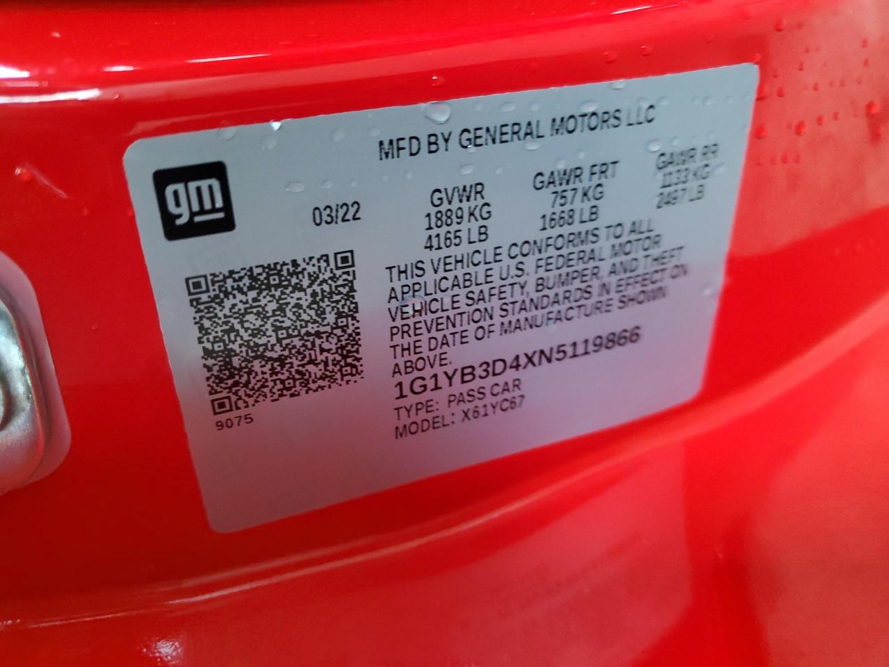 2022 CHEVROLET CORVETTE STINGRAY 2LT VIN:1G1YB3D4XN5119866