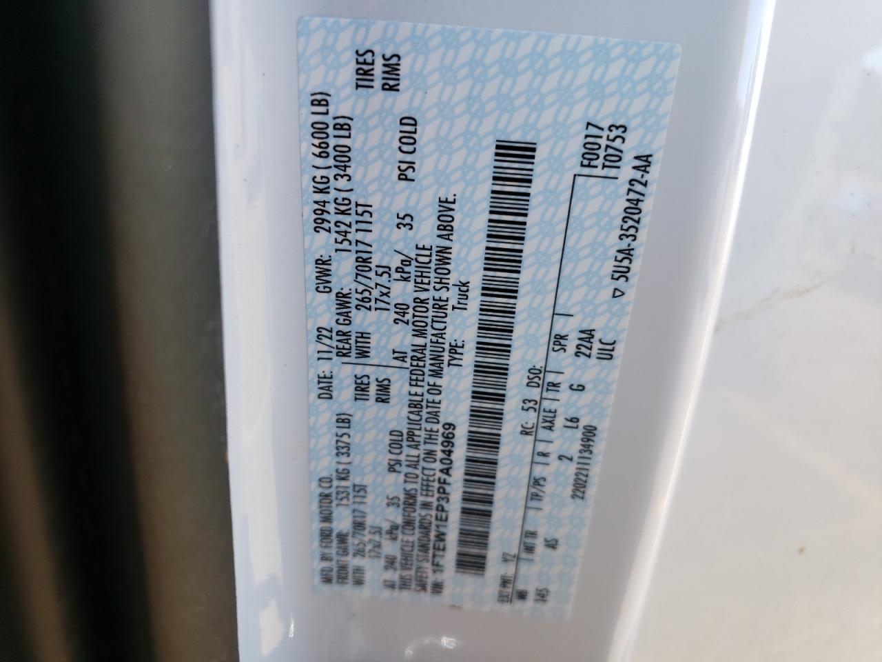 2023 FORD F150 SUPERCREW VIN:1FTEW1EP3PFA04969