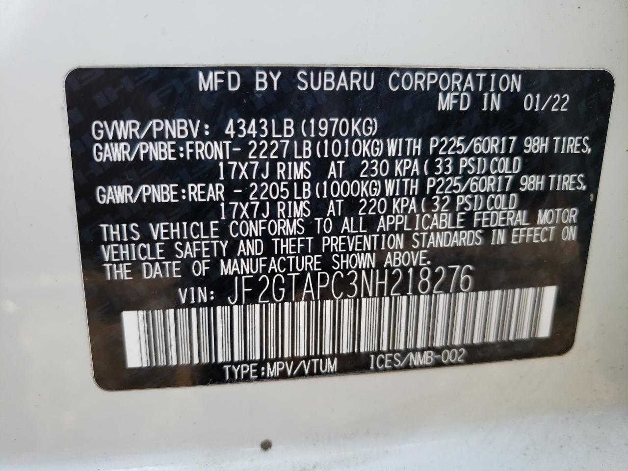 2022 SUBARU CROSSTREK PREMIUM VIN:JF2GTAPC3NH218276