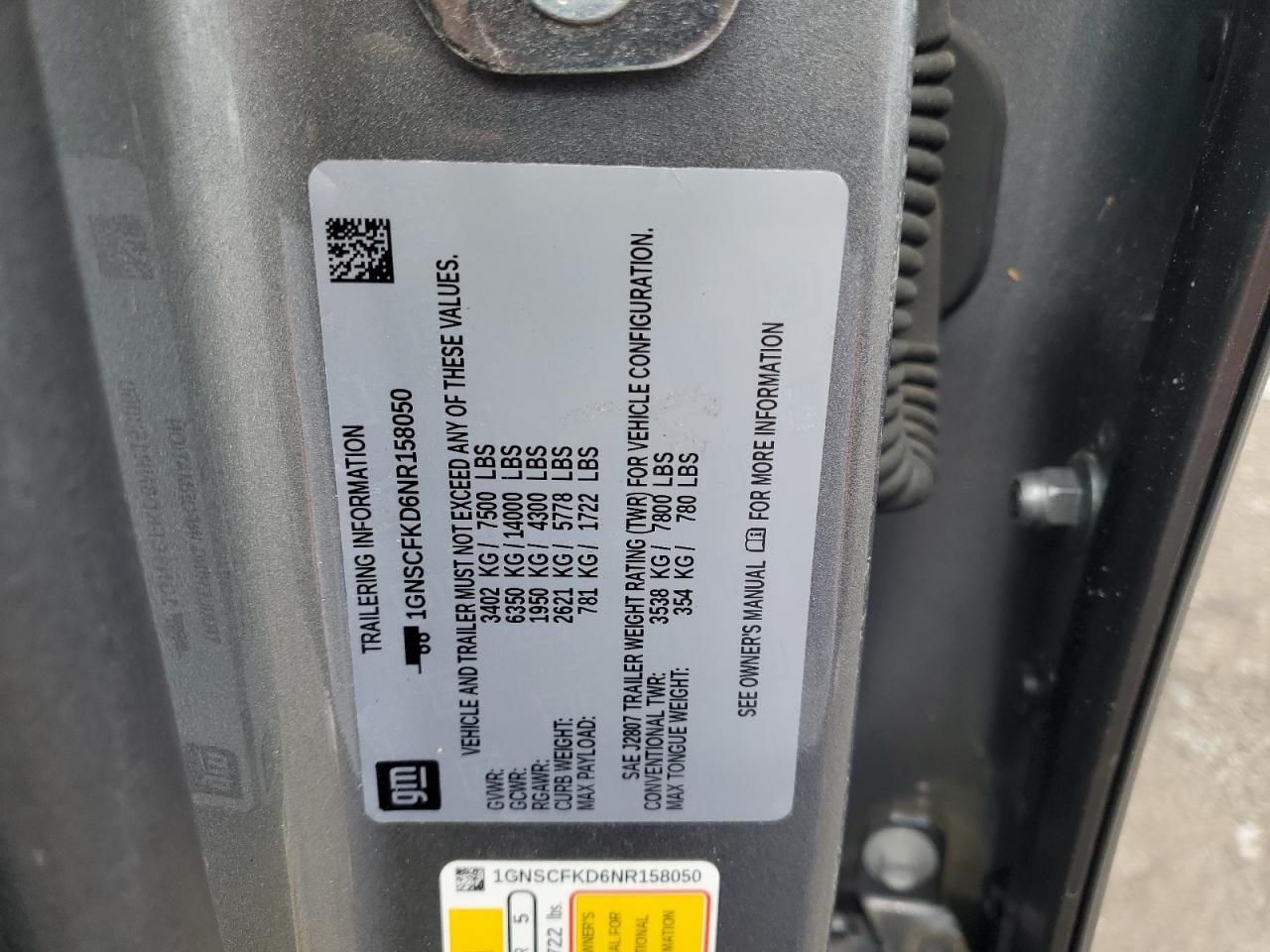 2022 CHEVROLET SUBURBAN C1500 PREMIER VIN:1GNSCFKD6NR158050