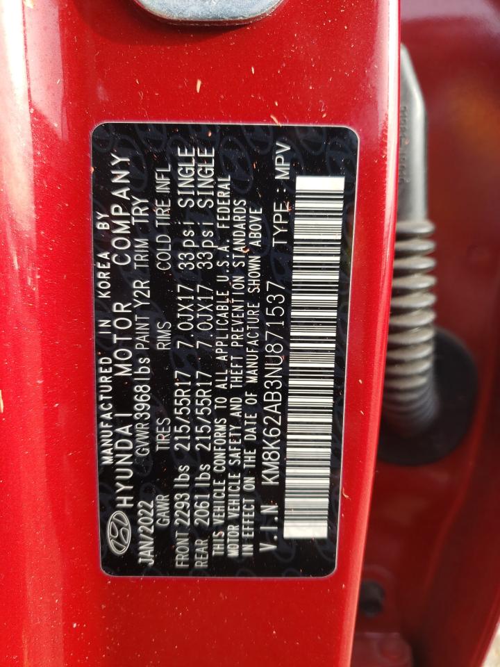 2022 HYUNDAI KONA SEL VIN:KM8K62AB3NU871537