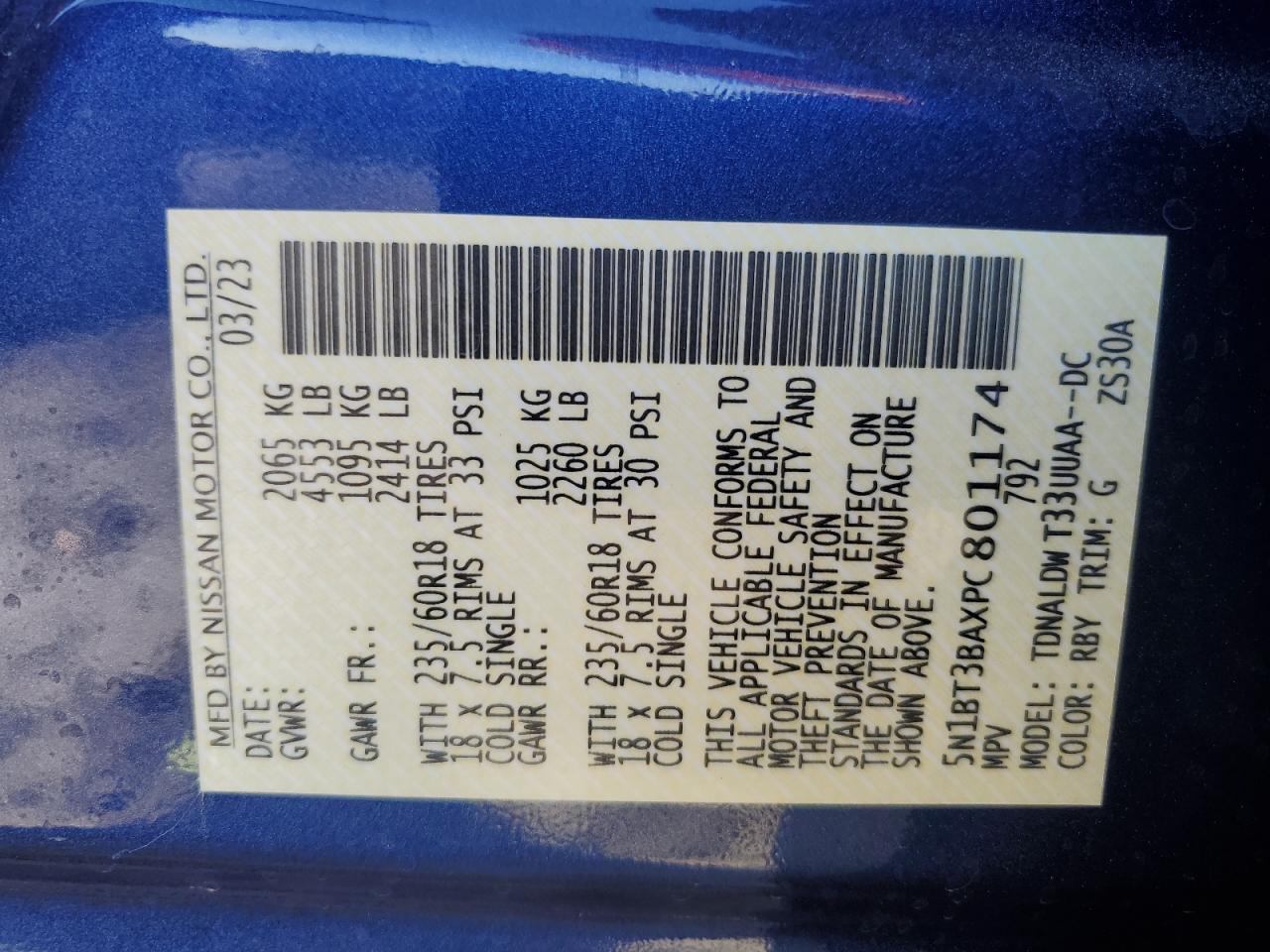 2023 NISSAN ROGUE SV VIN:5N1BT3BAXPC801174