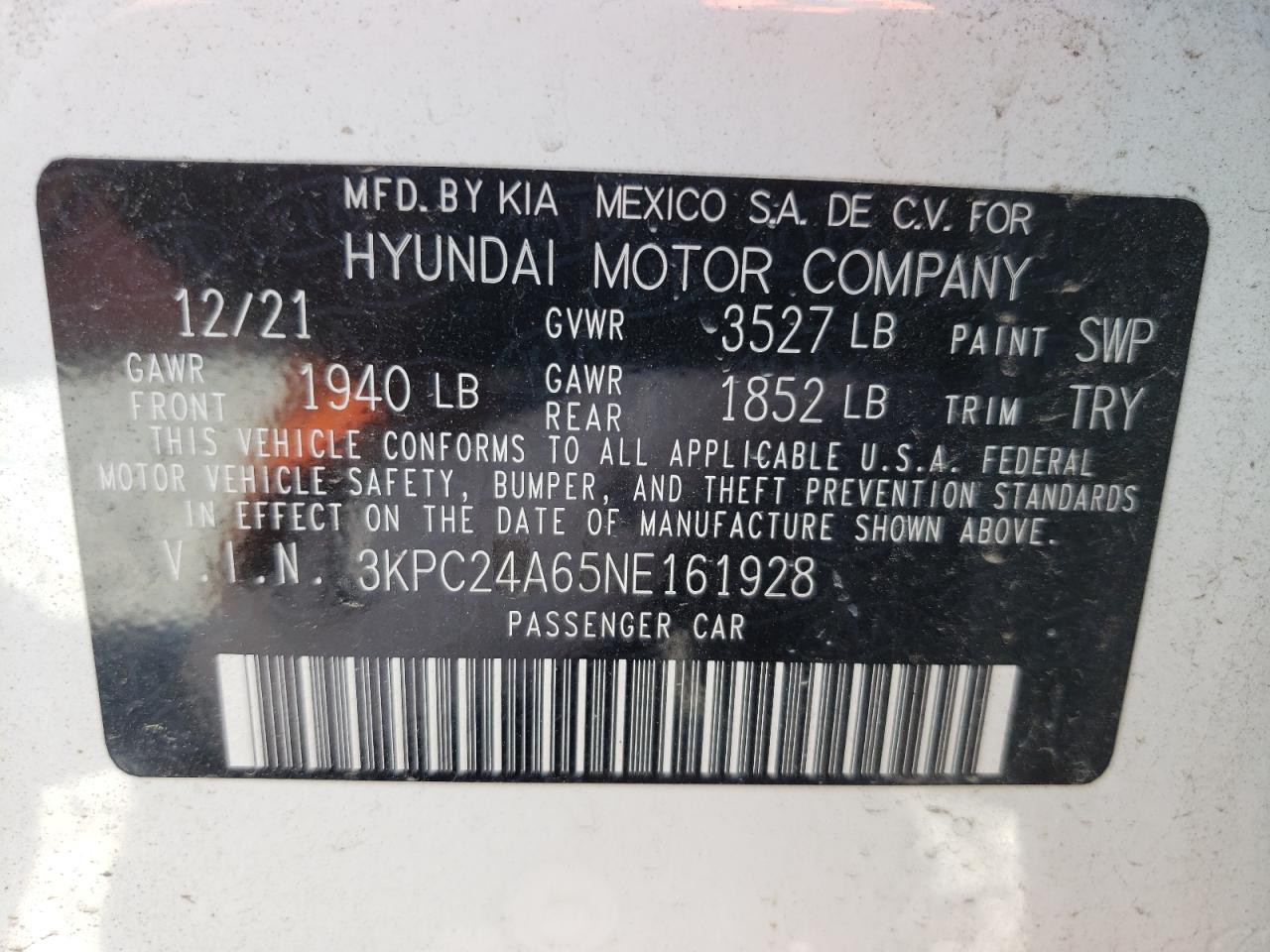 2022 HYUNDAI ACCENT SE VIN:3KPC24A65NE161928