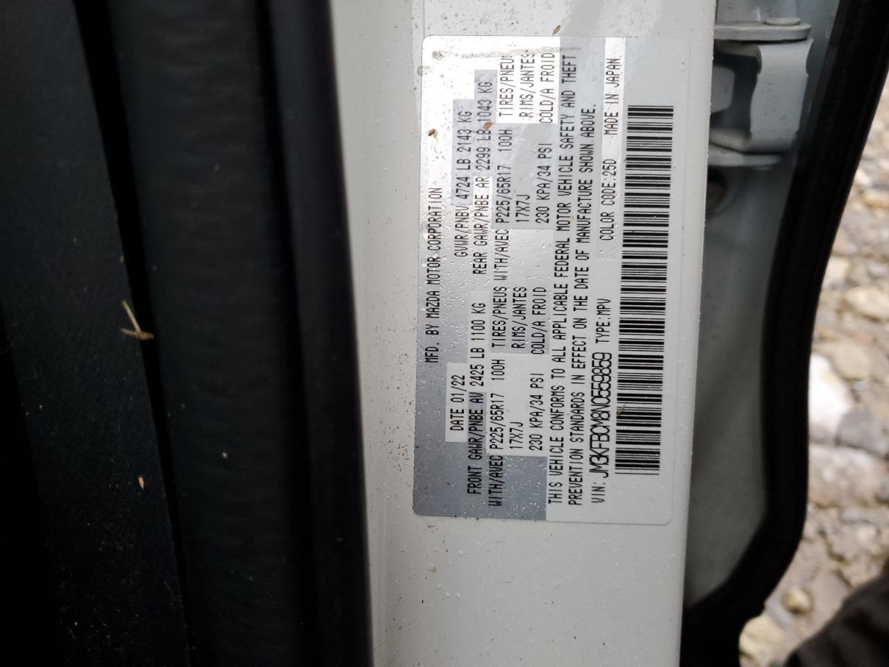 2022 MAZDA CX-5 PREFERRED VIN:JM3KFBCM8N0559859