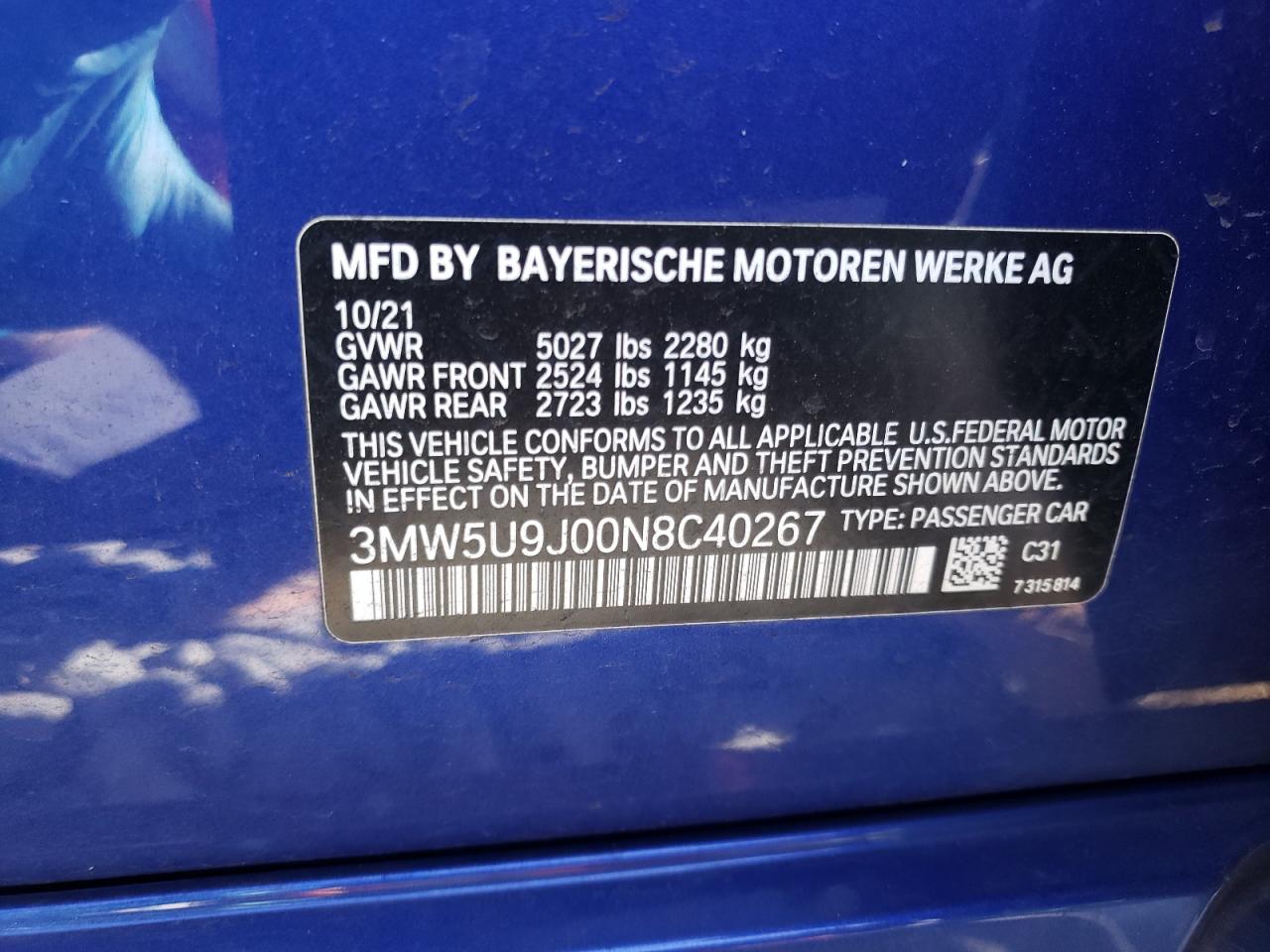 2022 BMW M340XI  VIN:3MW5U9J00N8C40267