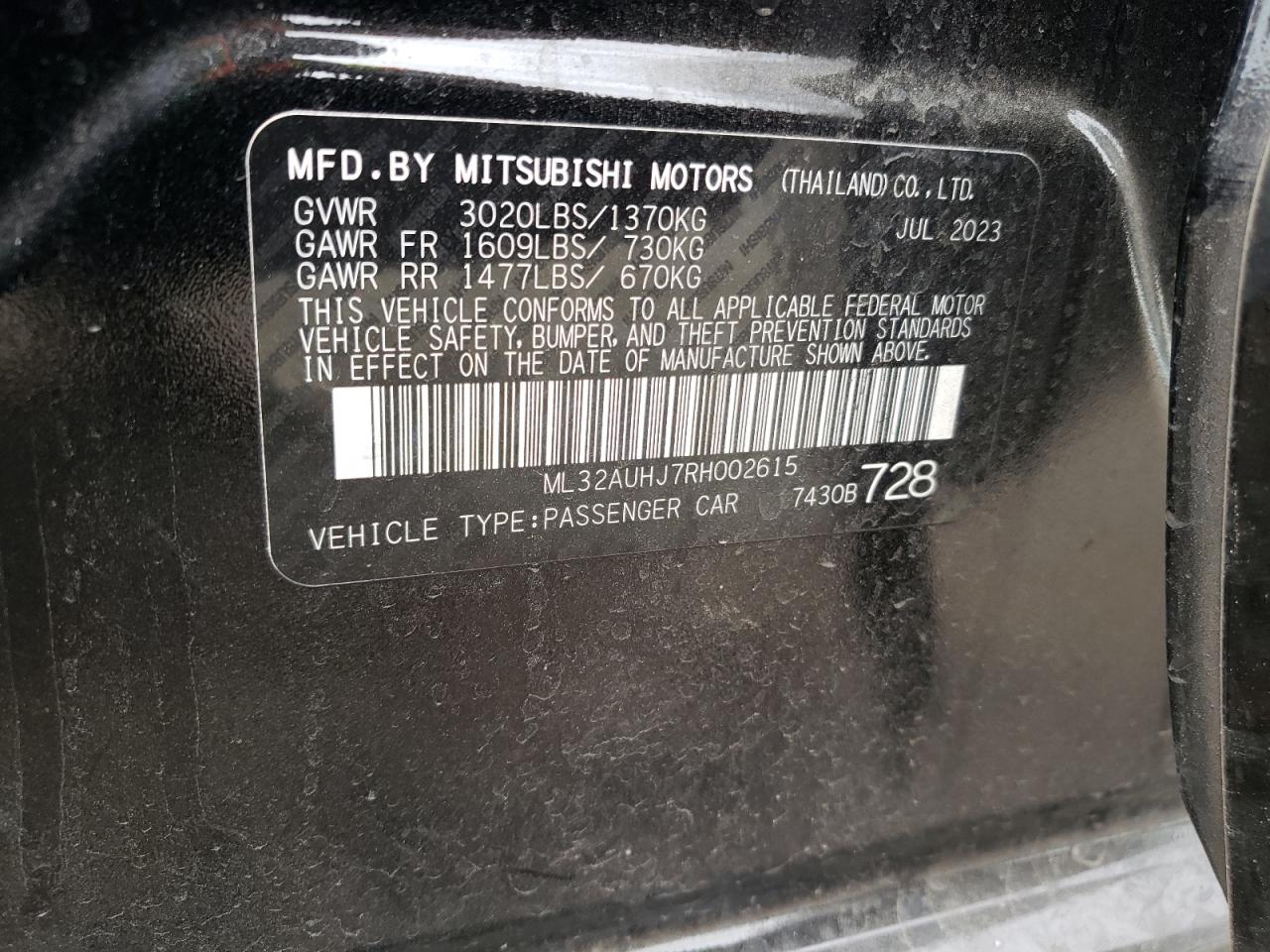 2024 MITSUBISHI MIRAGE ES VIN:ML32AUHJ7RH002615