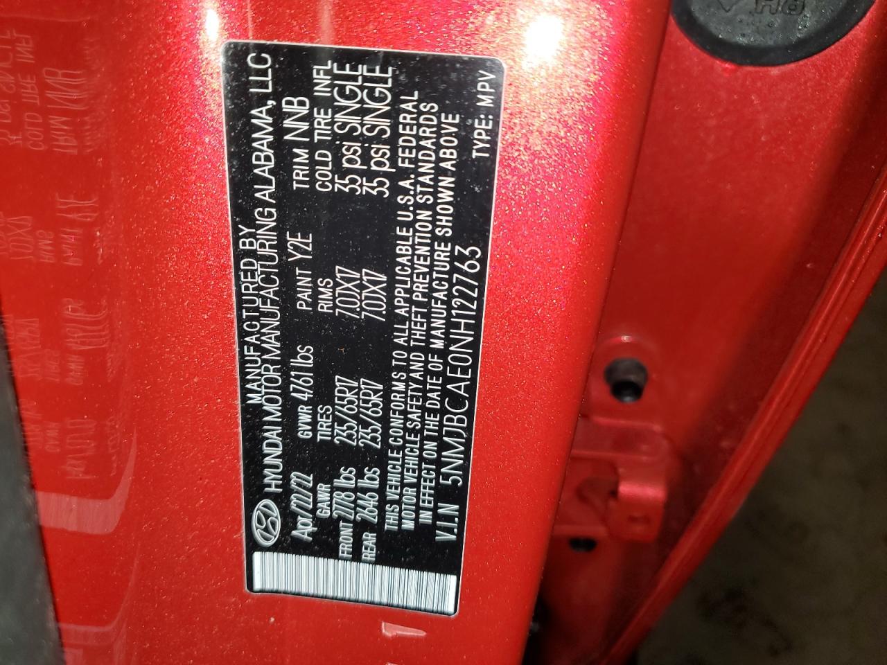 2022 HYUNDAI TUCSON SEL VIN:5NMJBCAE0NH122763