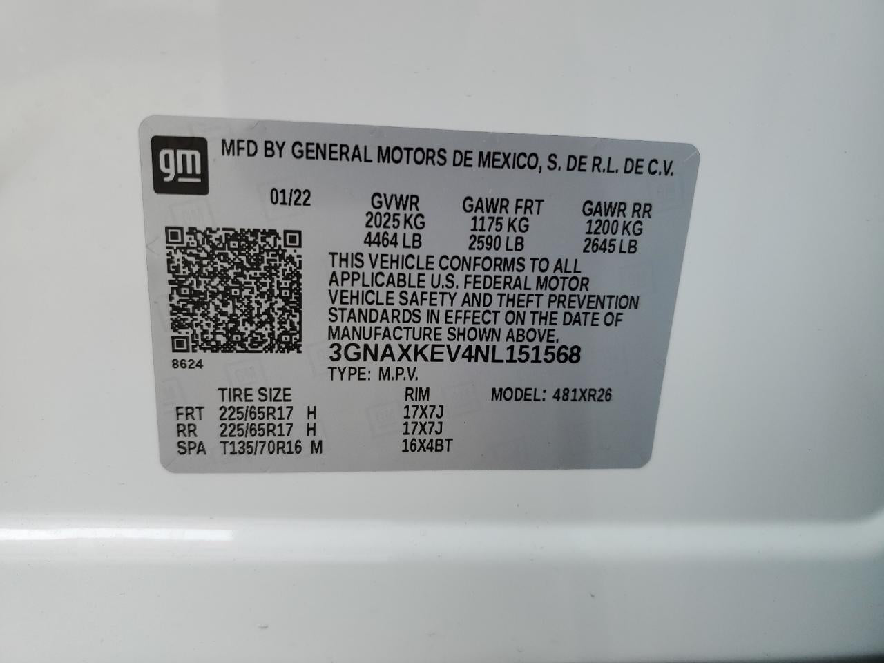 2022 CHEVROLET EQUINOX LT VIN:3GNAXKEV4NL151568