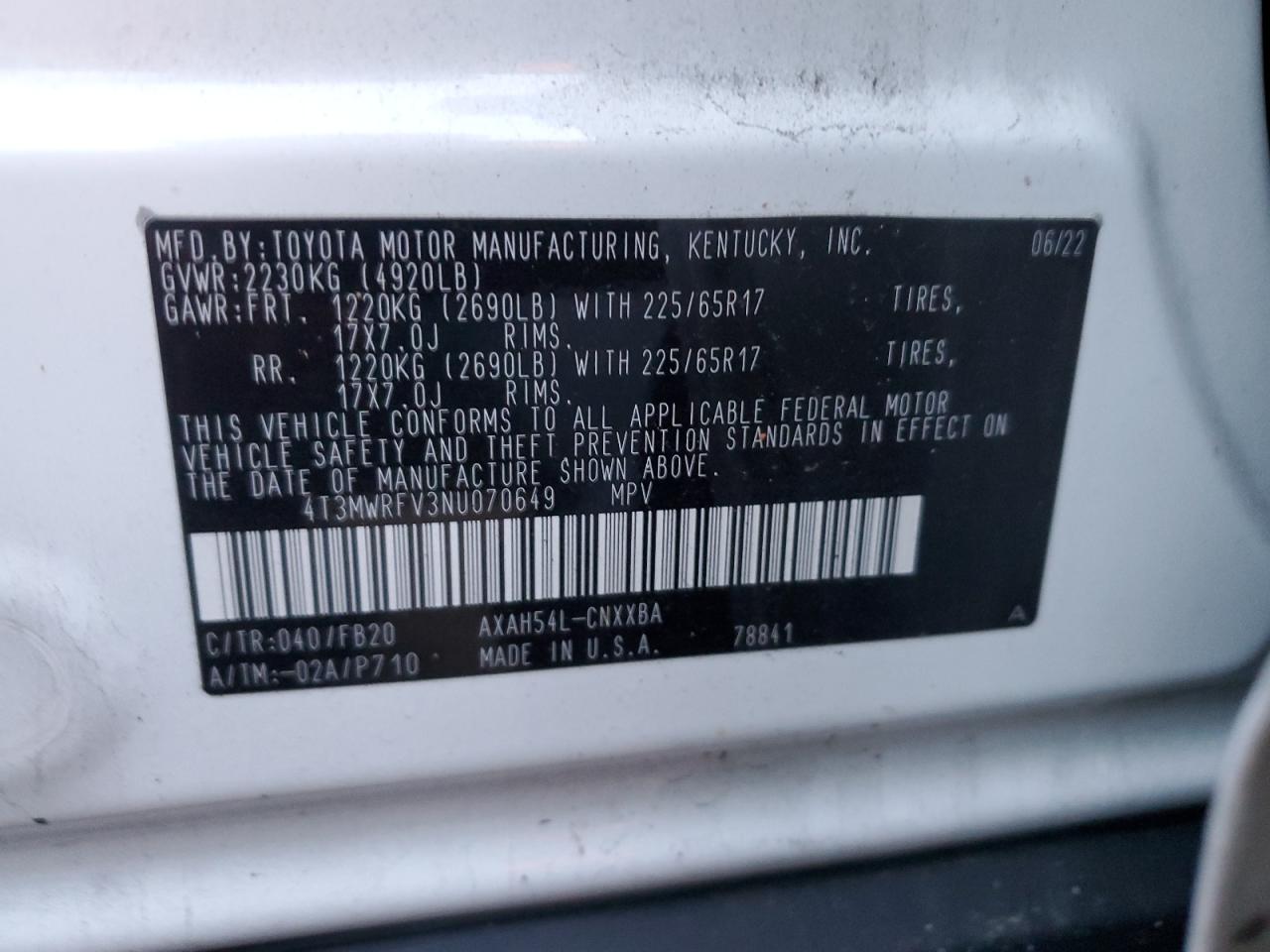 2022 TOYOTA RAV4 LE VIN:4T3MWRFV3NU070649