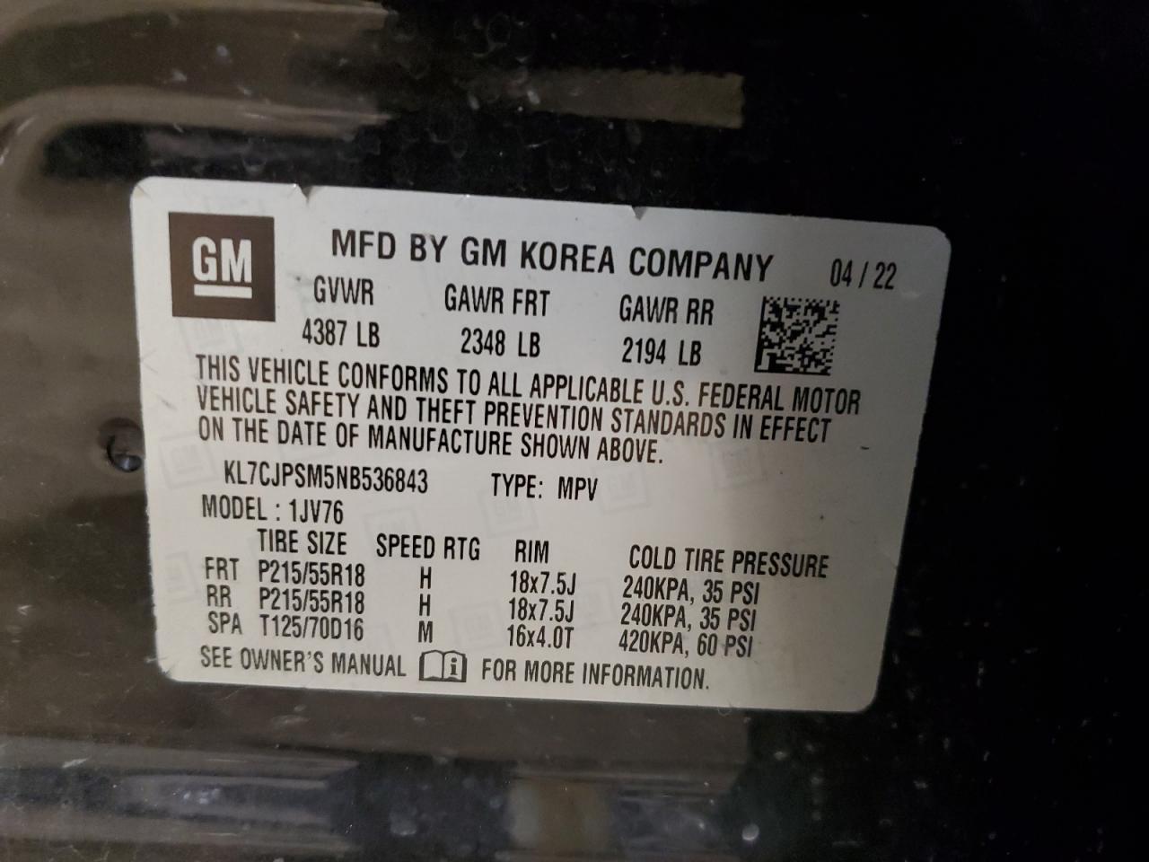 2022 CHEVROLET TRAX 1LT VIN:KL7CJPSM5NB536843