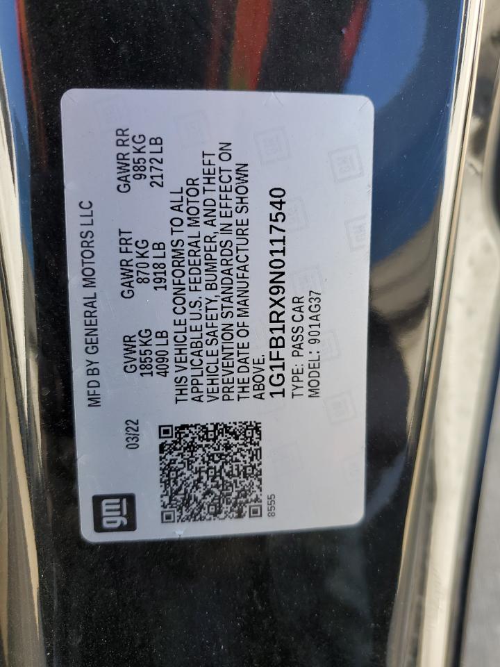 2022 CHEVROLET CAMARO LS VIN:1G1FB1RX9N0117540