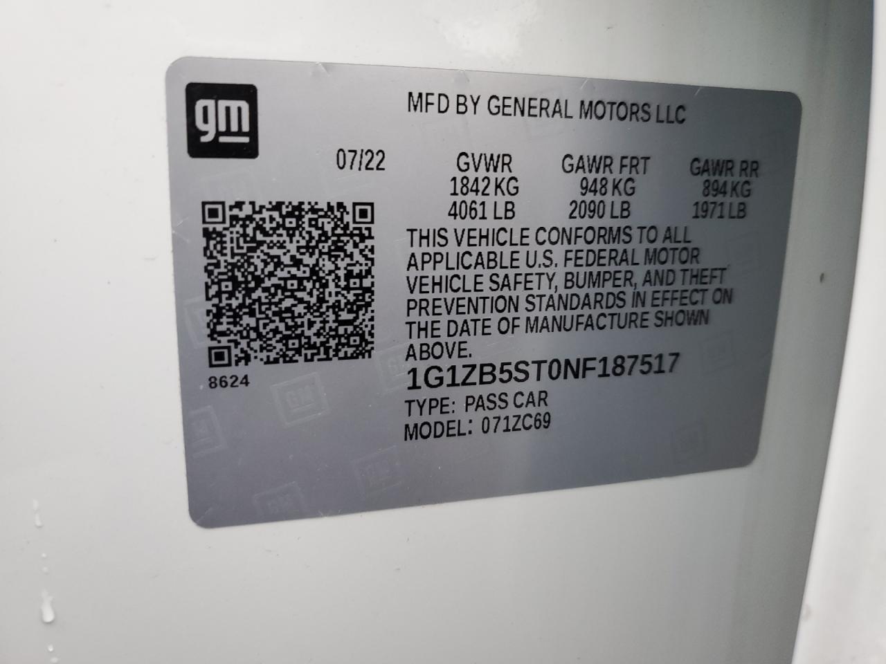 2022 CHEVROLET MALIBU LS VIN:1G1ZB5ST0NF187517