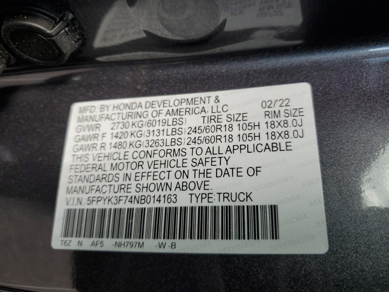 2022 HONDA RIDGELINE RTL VIN:5FPYK3F74NB014163