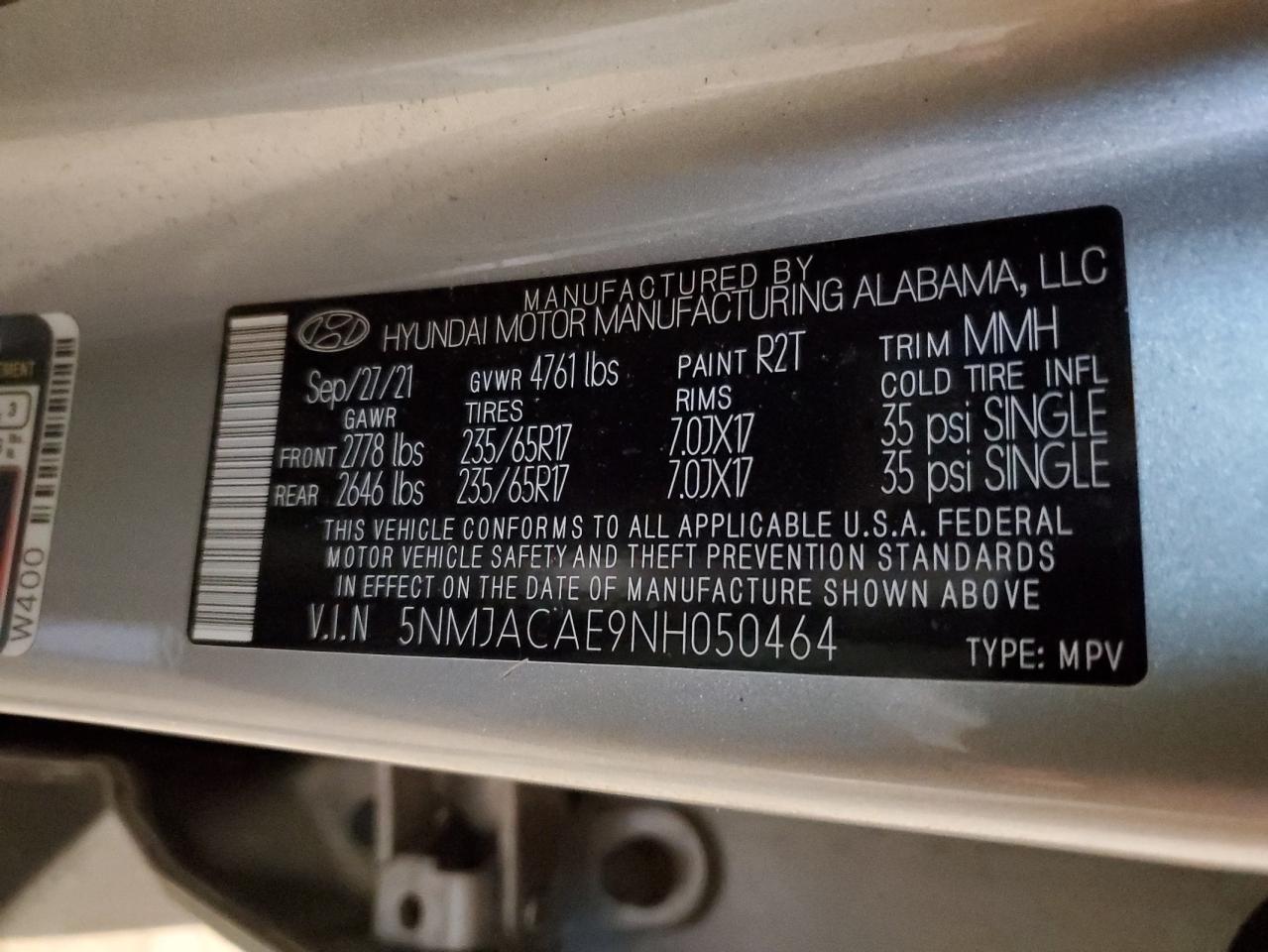2022 HYUNDAI TUCSON SE VIN:5NMJACAE9NH050464