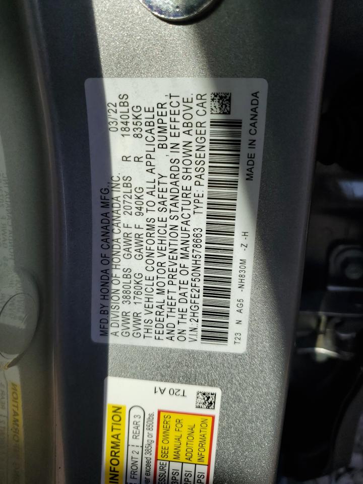2022 HONDA CIVIC SPORT VIN:2HGFE2F50NH578663