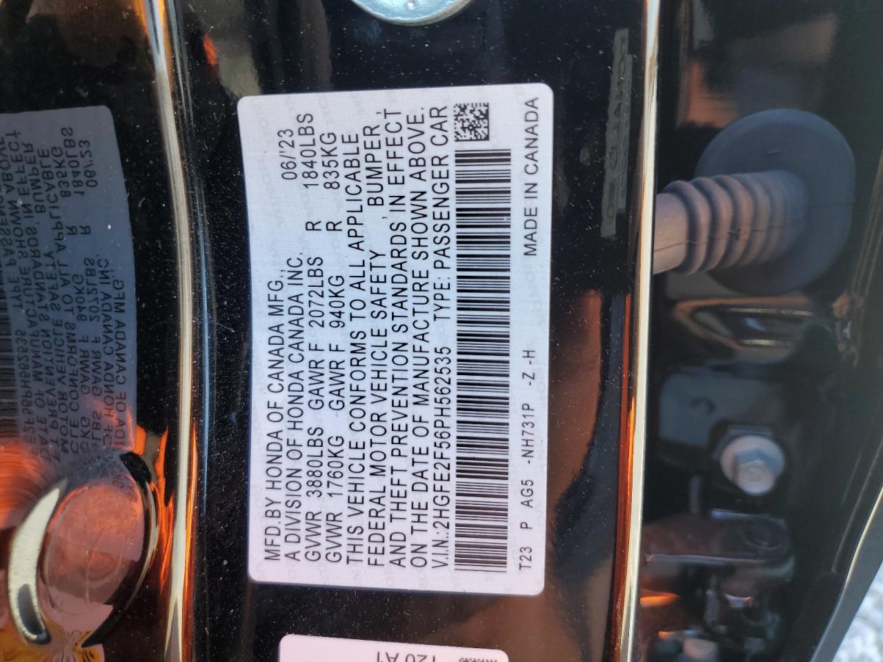 2023 HONDA CIVIC SPORT VIN:2HGFE2F56PH562535