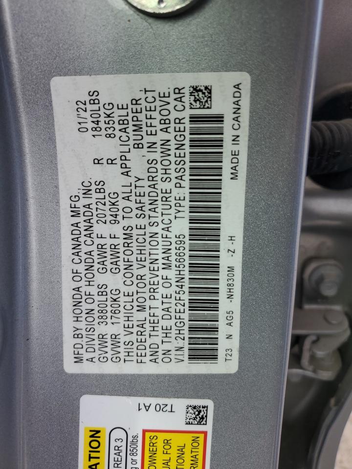 2022 HONDA CIVIC SPORT VIN:2HGFE2F54NH566595