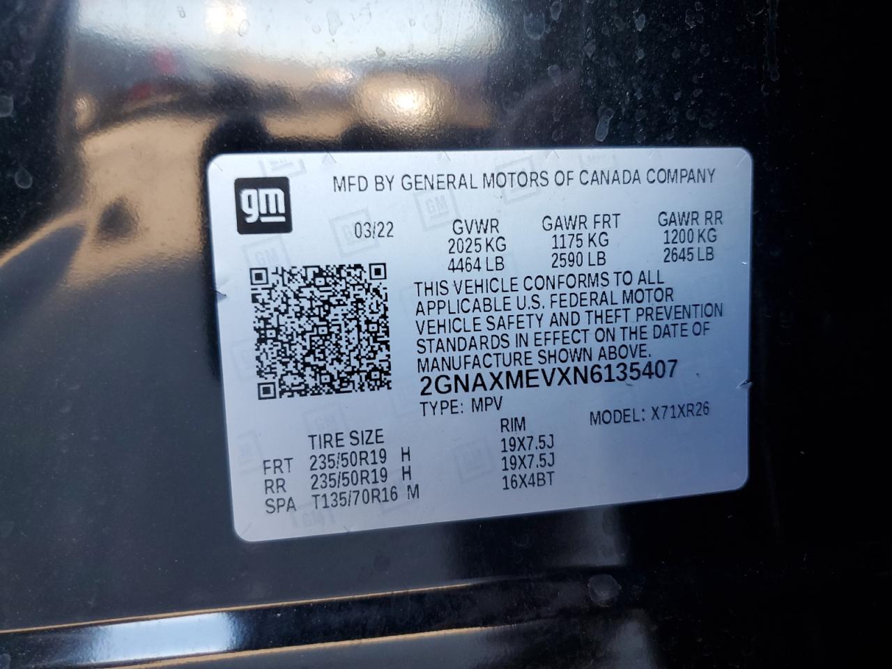 2022 CHEVROLET EQUINOX RS VIN:2GNAXMEVXN6135407