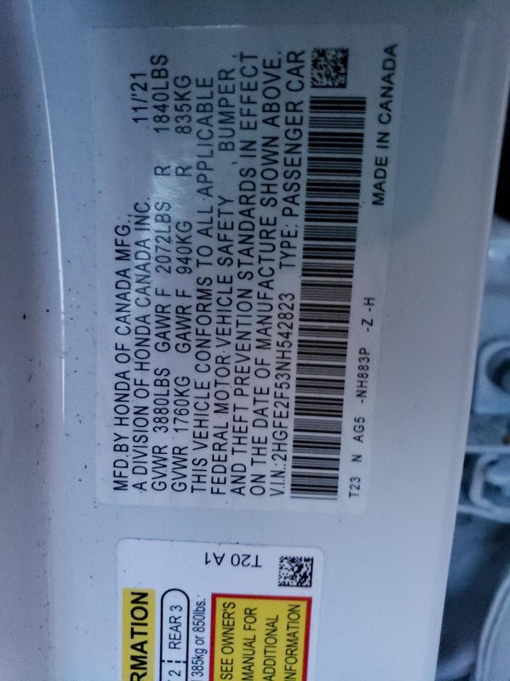2022 HONDA CIVIC SPORT VIN:2HGFE2F53NH542823