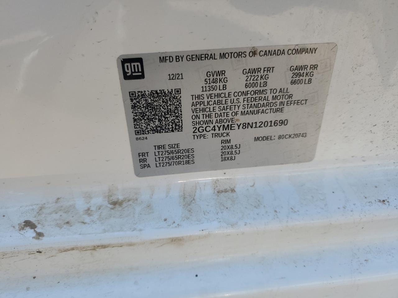 2022 CHEVROLET SILVERADO K2500 CUSTOM VIN:2GC4YMEY8N1201690