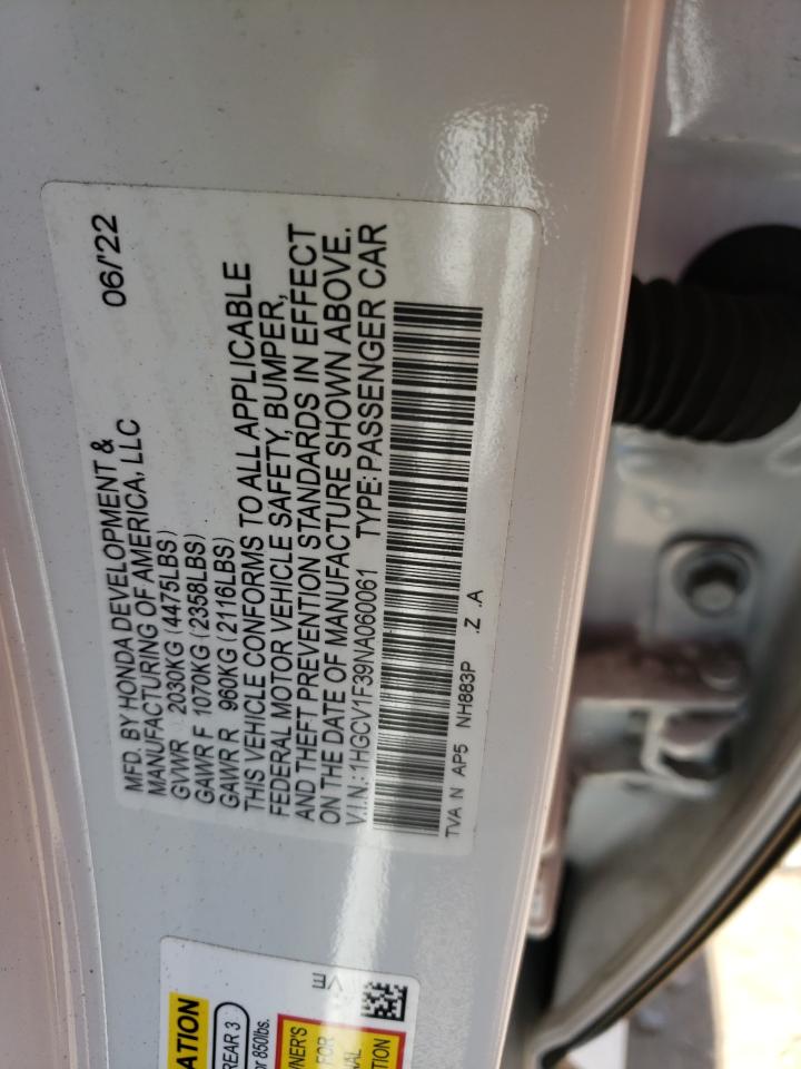 2022 HONDA ACCORD SPORT VIN:1HGCV1F39NA060061