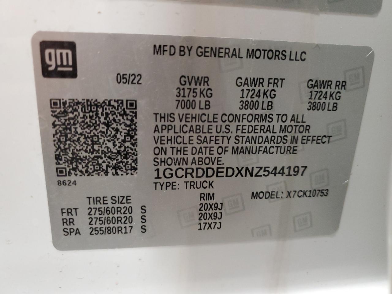 2022 CHEVROLET SILVERADO K1500 LT VIN:1GCRDDEDXNZ544197