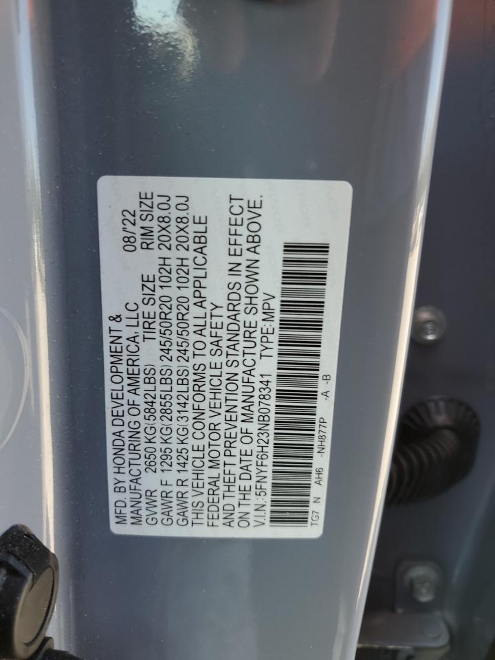 2022 HONDA PILOT SE VIN:5FNYF6H23NB078341