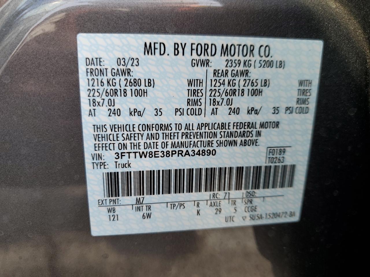 2023 FORD MAVERICK XL VIN:3FTTW8E38PRA34890