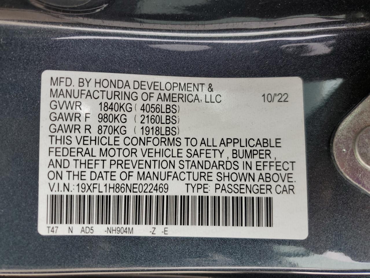 2022 HONDA CIVIC SPORT TOURING VIN:19XFL1H86NE022469