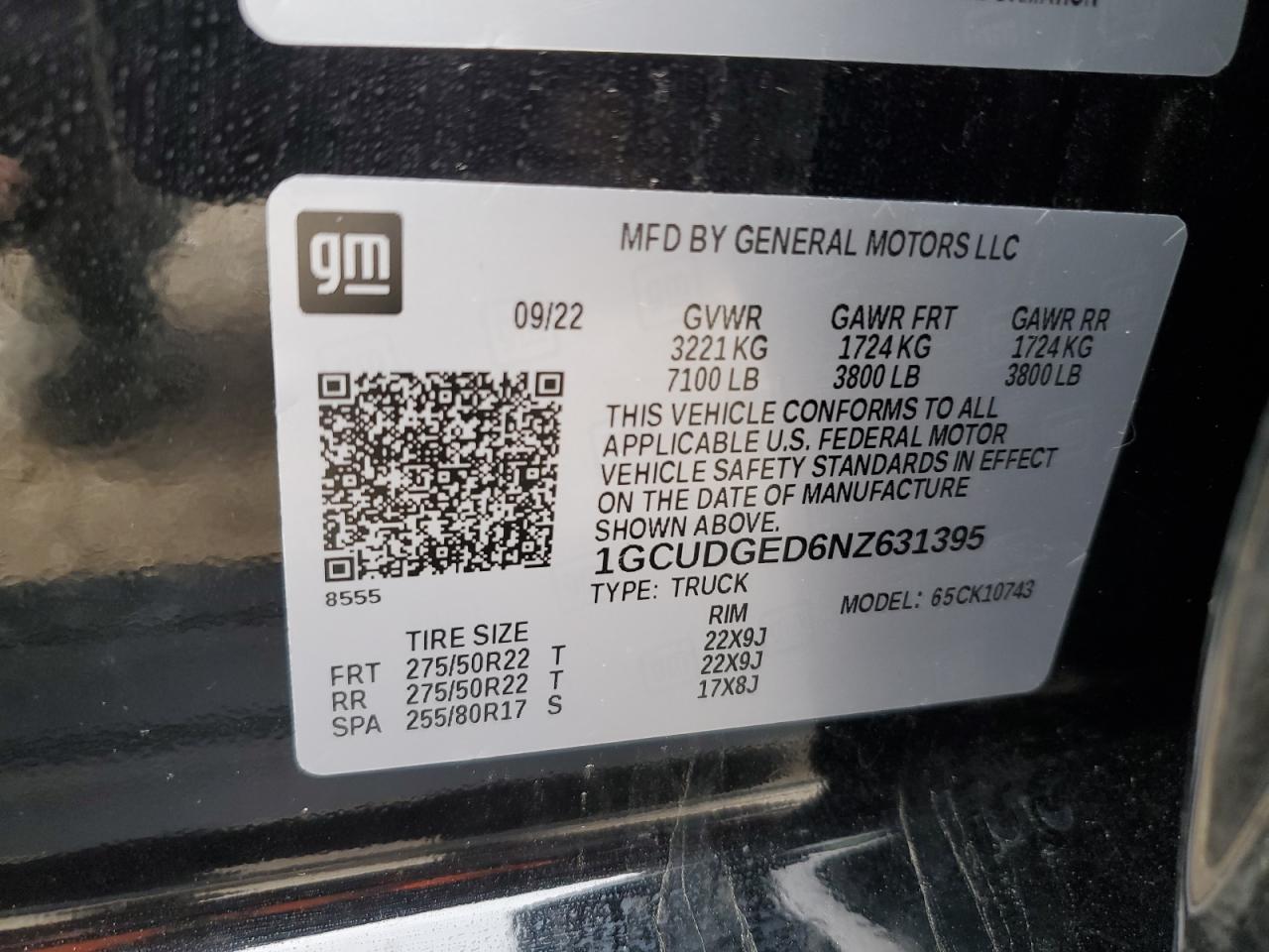 2022 CHEVROLET SILVERADO K1500 LTZ VIN:1GCUDGED6NZ631395