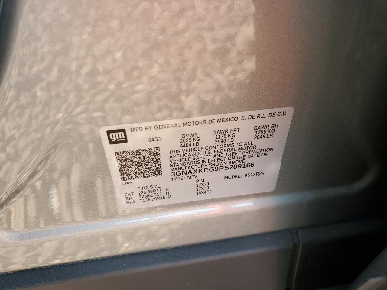 2023 CHEVROLET EQUINOX LT VIN:3GNAXKEG9PS209166