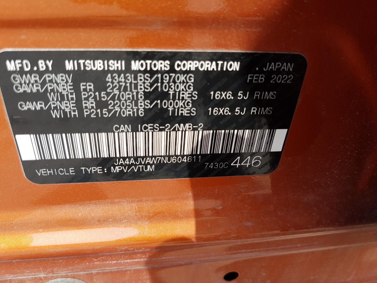 2022 MITSUBISHI RVR SE VIN:JA4AJVAW7NU604611