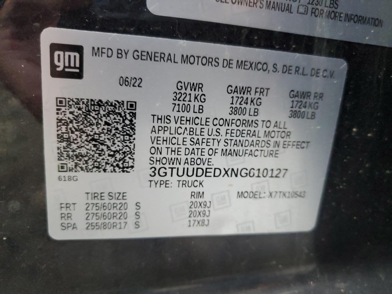 2022 GMC SIERRA K1500 SLT VIN:3GTUUDEDXNG610127