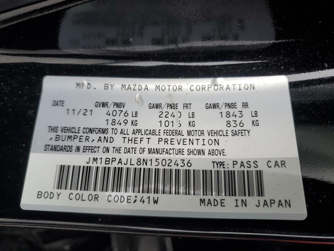 2022 MAZDA 3  VIN:JM1BPAJL8N1502436