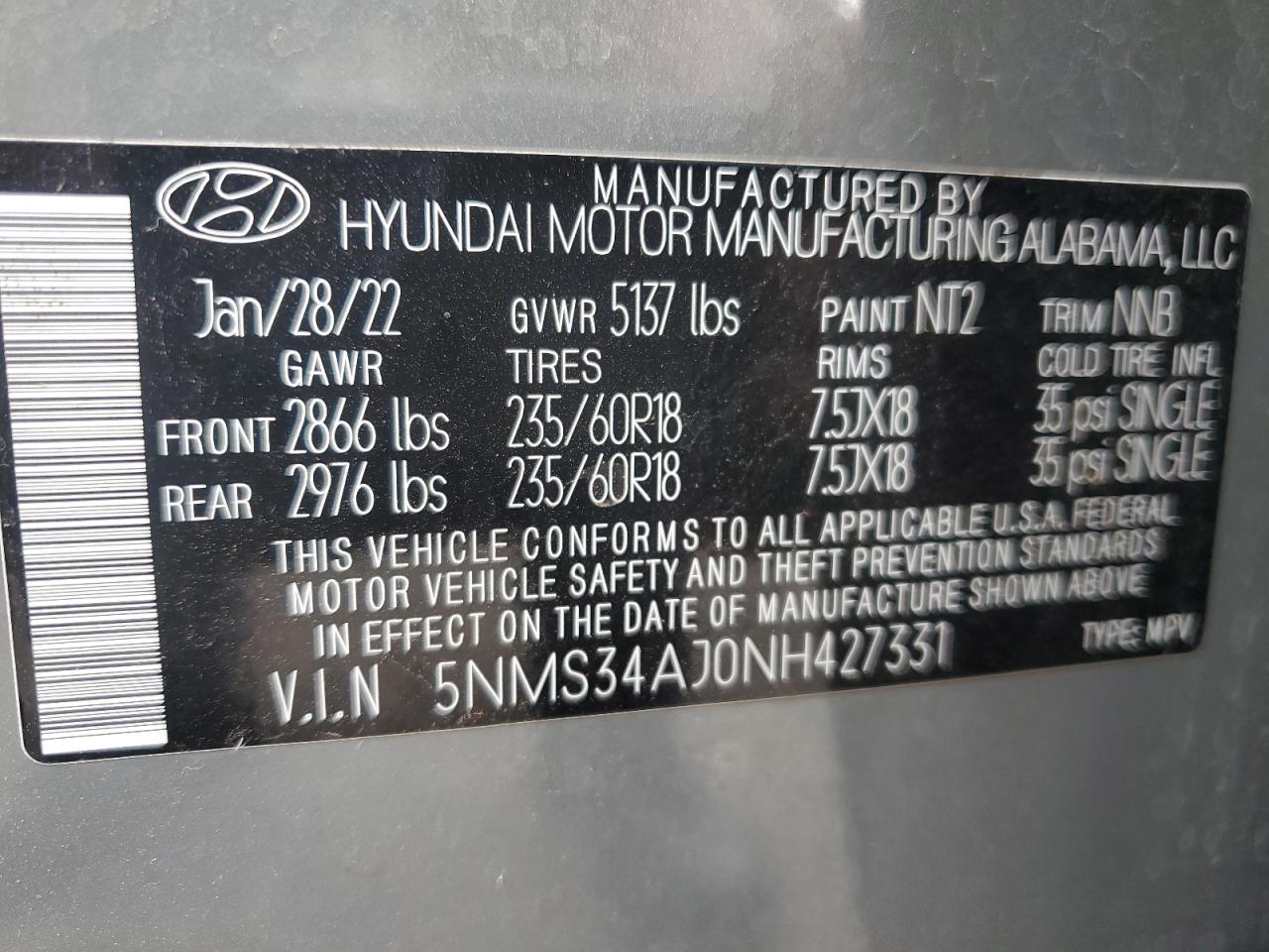 2022 HYUNDAI SANTA FE SEL VIN:5NMS34AJ0NH427331