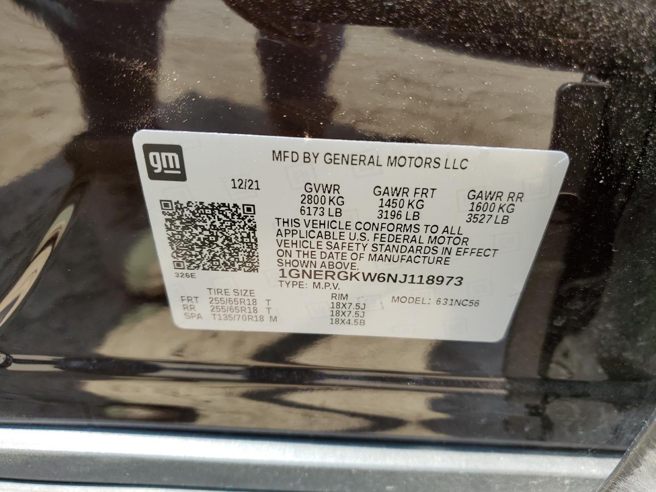 2022 CHEVROLET TRAVERSE LT VIN:1GNERGKW6NJ118973