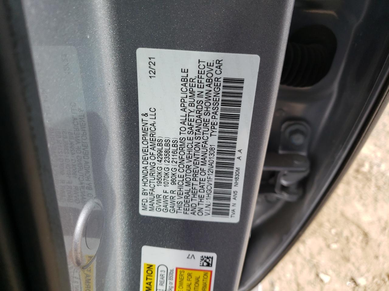2022 HONDA ACCORD LX VIN:1HGCV1F12NA013081